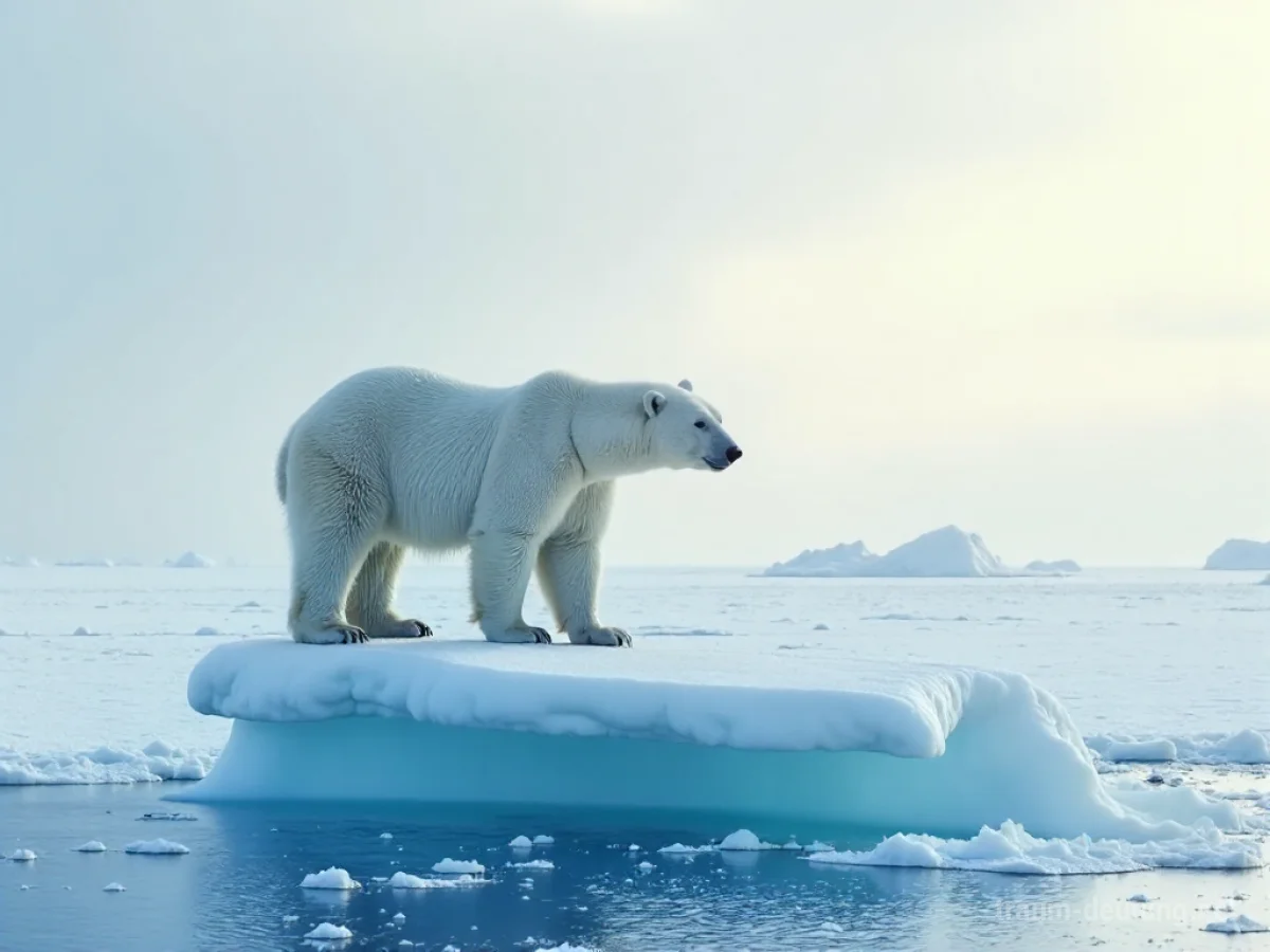 Eisbär steht allein auf einer Eisscholle in der Arktis unter einem kalten Himmel.