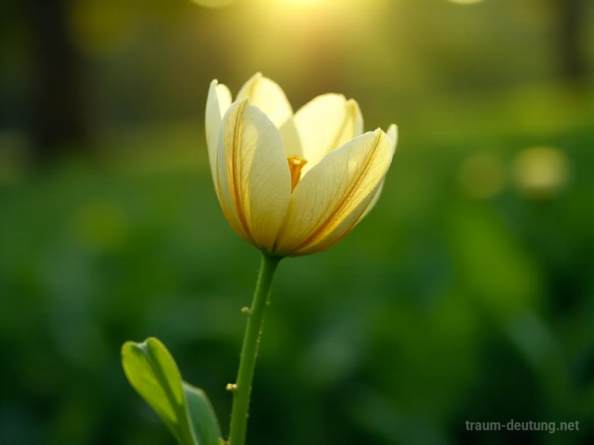 Eine einzelne verwelkende Blume am Ende des Aprils, im Hintergrund beginnendes Grün.