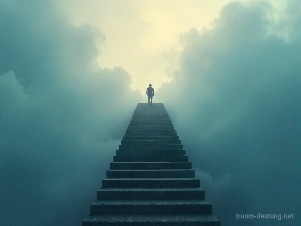 Eine Person steigt eine endlose Treppe in den Himmel.