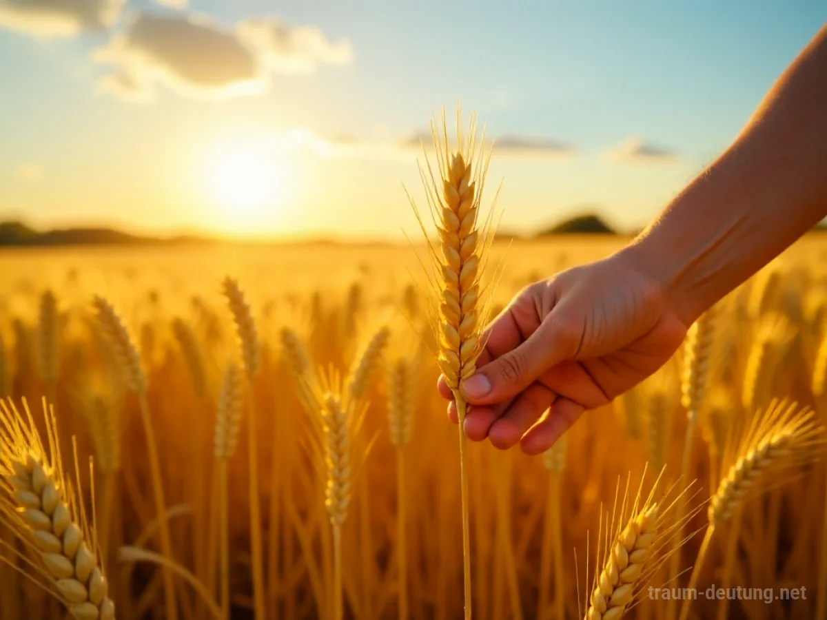 Goldenes Weizenfeld im August mit einer Hand, die eine Garbe hält.