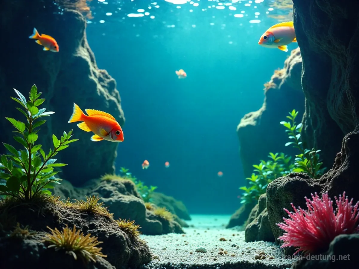Bunt schillernde exotische Fische schwimmen in einem hell beleuchteten Aquarium.