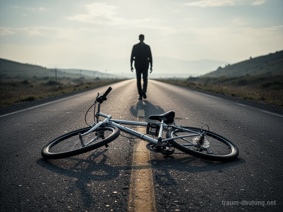 Ein Fahrrad liegt auf der Seite auf einer einsamen Straße.