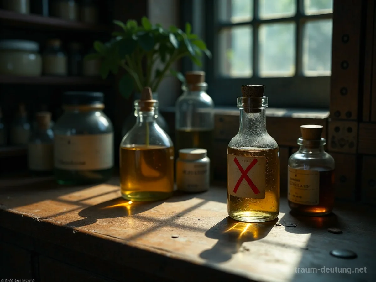 Apothekerregal mit Medikamentenflaschen, eine mit rotem Kreuz markiert.