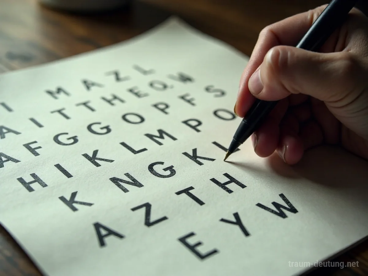 Eine Hand schreibt das Alphabet mit vielen falsch platzierten Buchstaben.