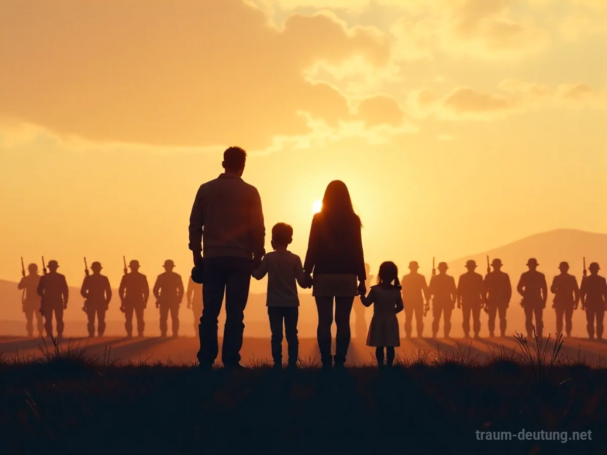 Familie steht zusammen vor einer symbolischen Armeeformation
