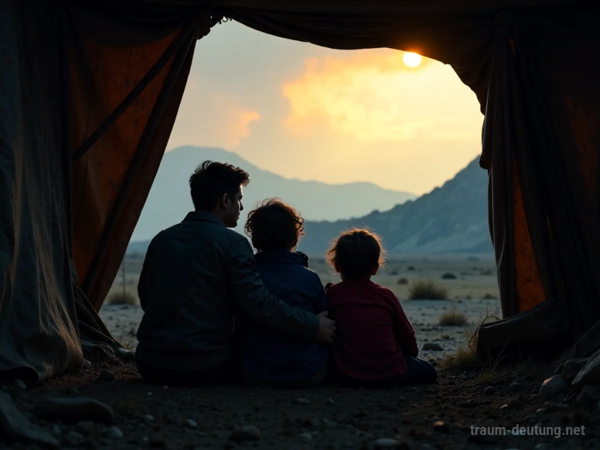 Familie in einem Schutzraum blickt auf eine zerstörte Landschaft nach einem Atomkrieg.