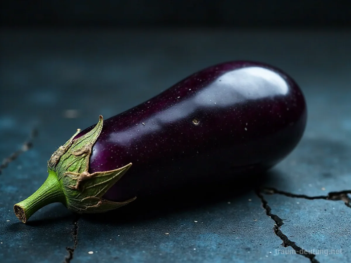 Eine verfaulte Aubergine mit deutlichen Verfallserscheinungen auf dunklem Untergrund.