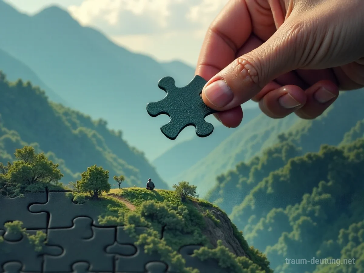 Eine Hand hält ein einzelnes Puzzleteil über einem unvollständigen Puzzle.