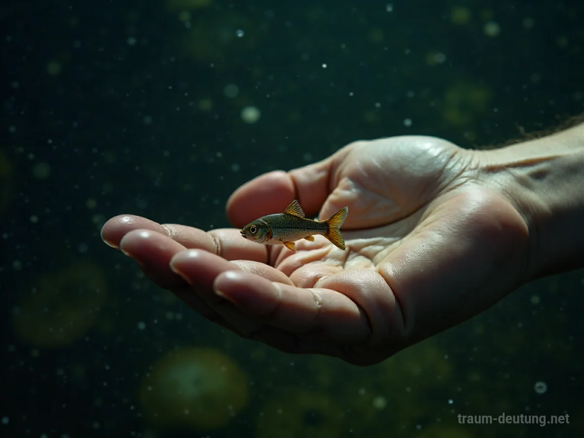 Ein Fisch entgleitet den Fingern in dunklem Wasser