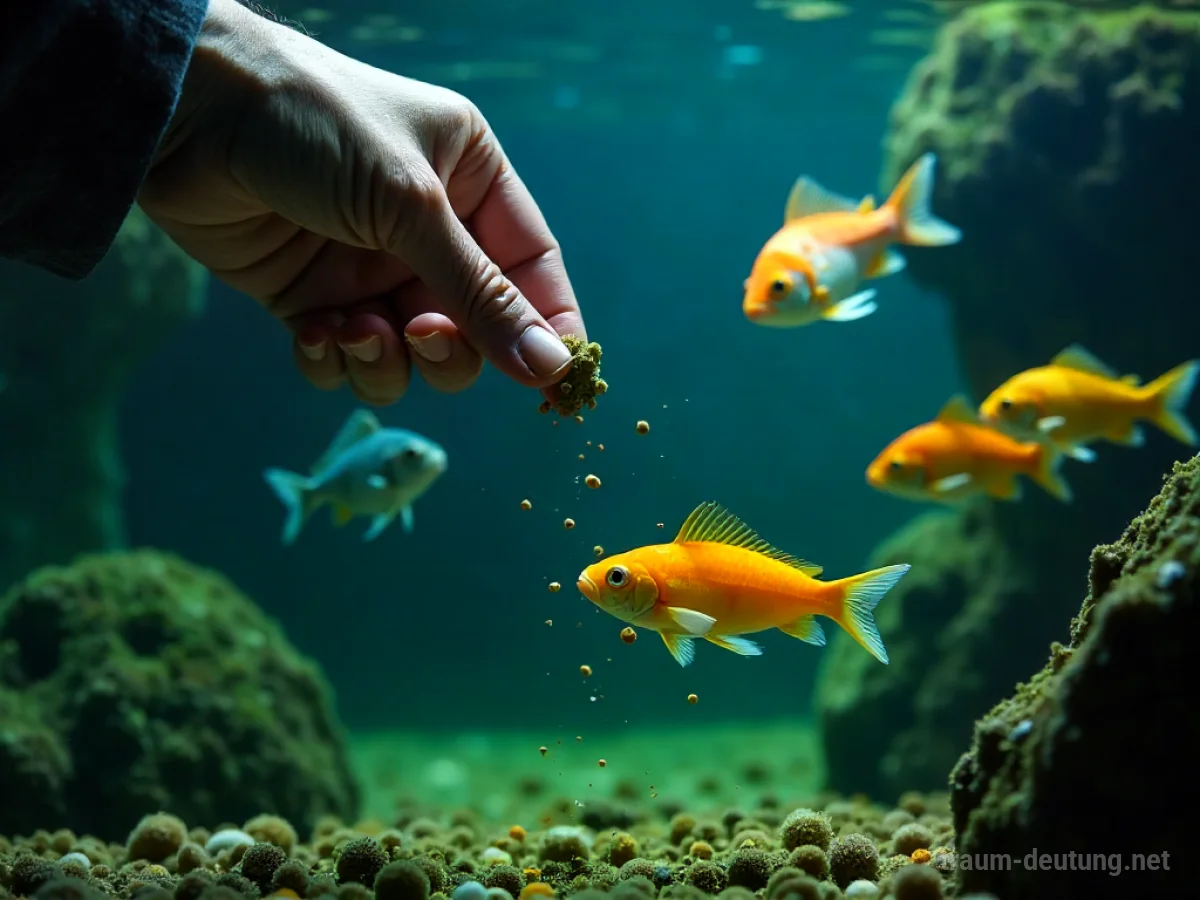 Hand streut Futter in ein Aquarium mit bunten Fischen.