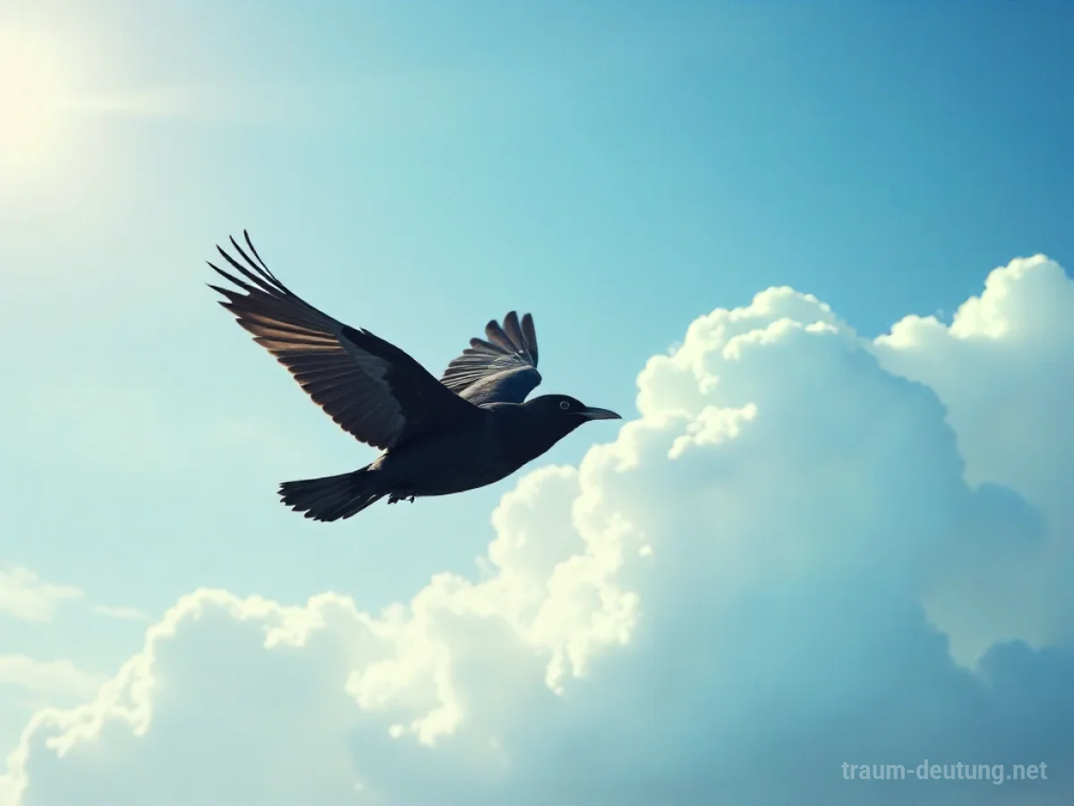Eine schwarze Amsel fliegt frei am Himmel.