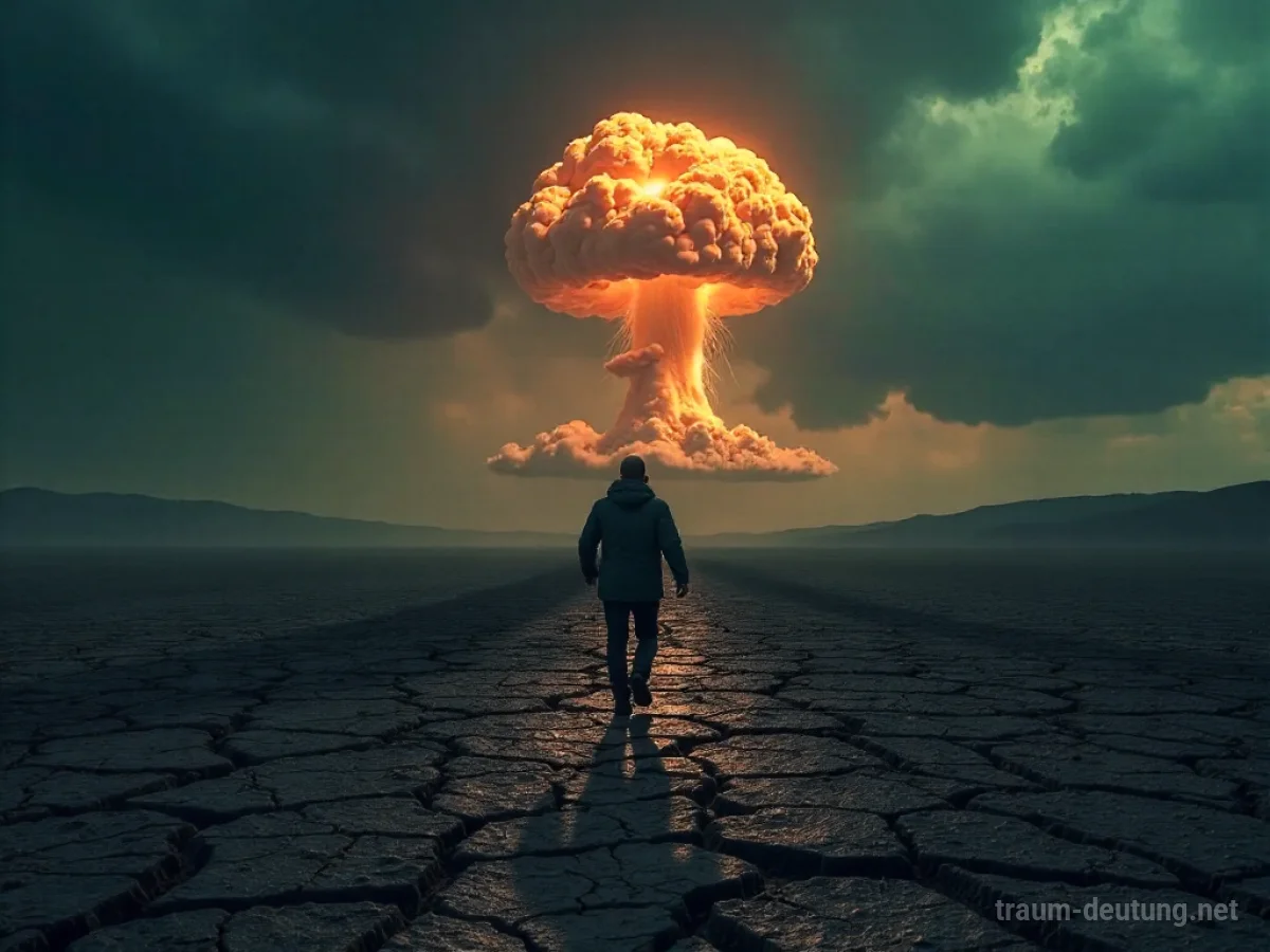 Silhouette einer Person, die vor einer Atombombenwolke auf einer zerstörten Landschaft flieht.