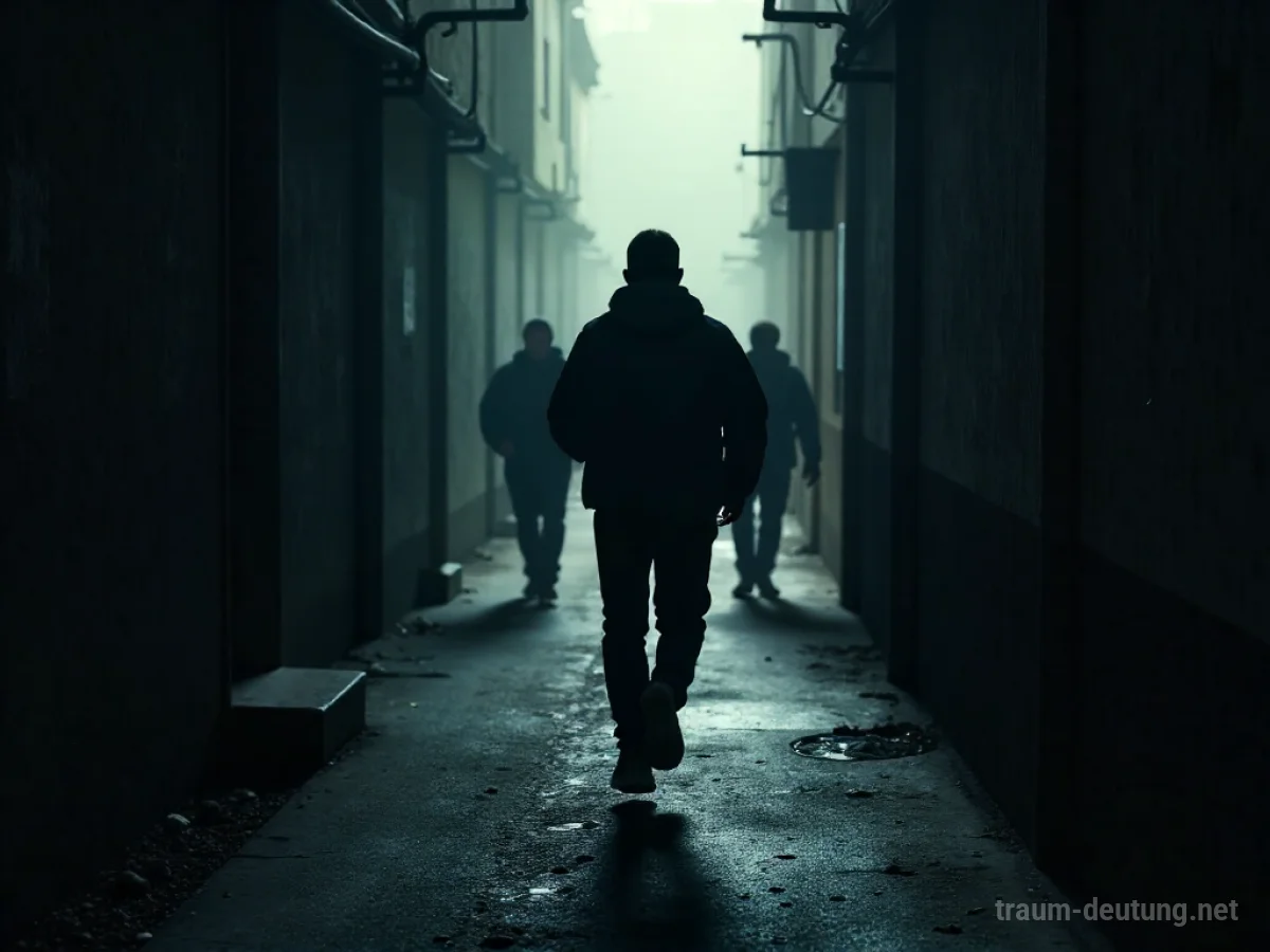 Eine Person flüchtet durch eine dunkle Gasse, im Hintergrund unscharfe Silhouetten.