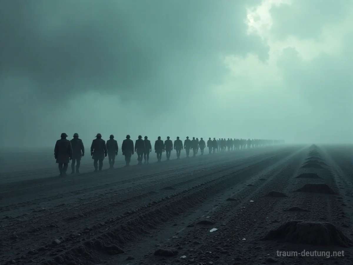 Schattenhafte Armee marschiert über eine graue Landschaft.