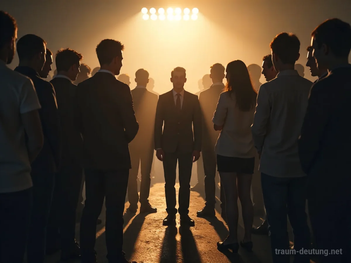 Menschengruppe um eine einsame Silhouette, die freundlich empfangen wird.