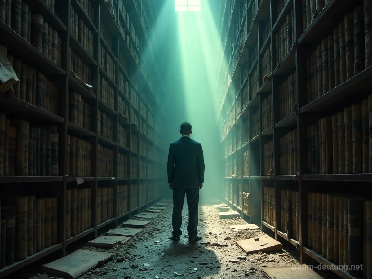 Eine einzelne Person steht in einem großen, schwach beleuchteten Archiv voller alter Bücher und Dokumente.