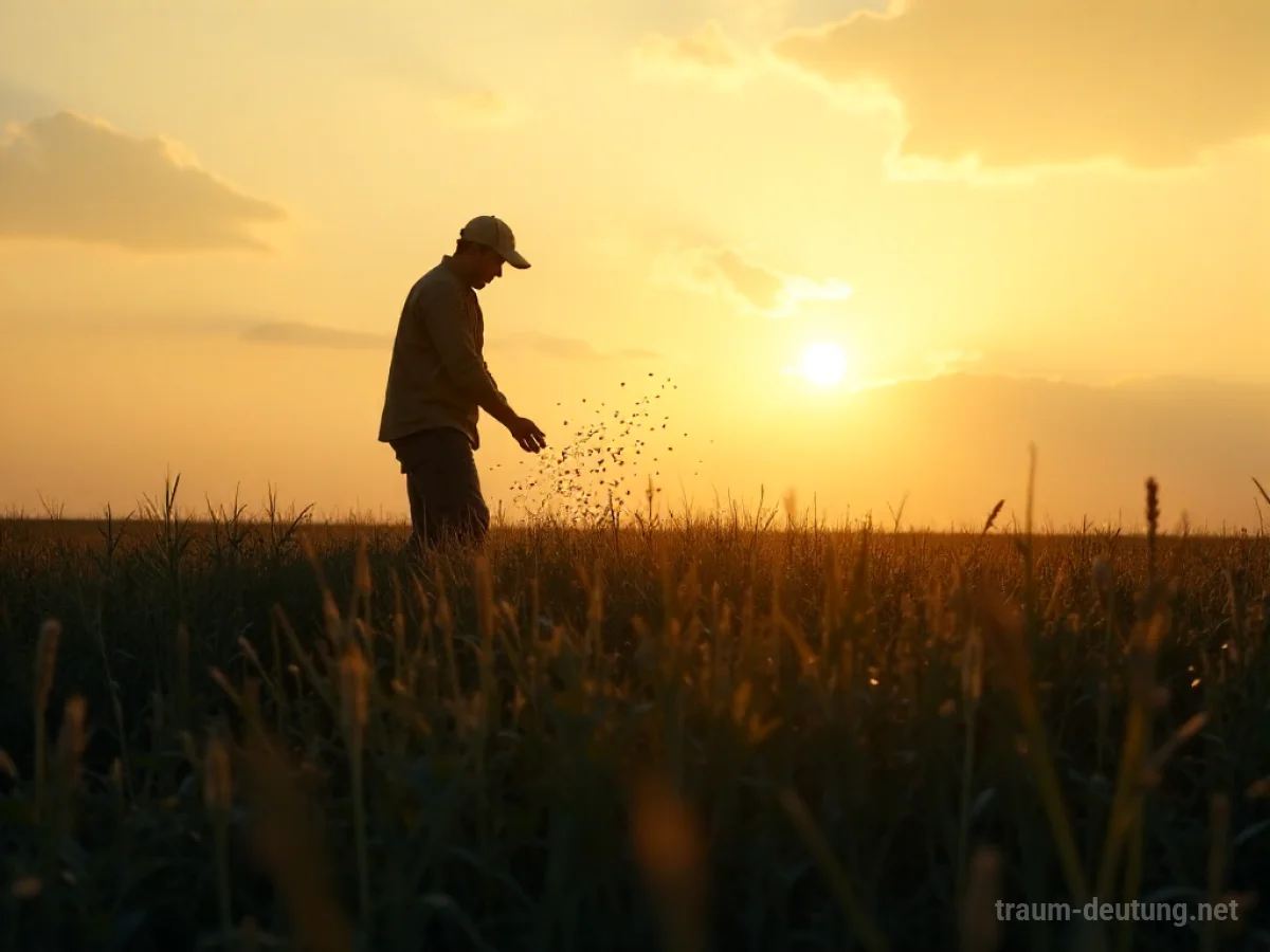 Schattenhafte Figur sät Samen in einem Feld bei Sonnenaufgang