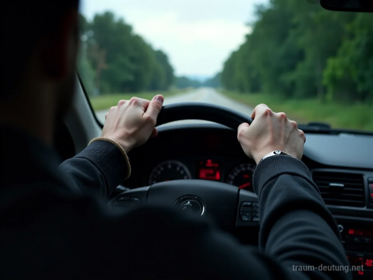 Hände am Lenkrad eines unbekannten Autos, Blick auf die Straße.