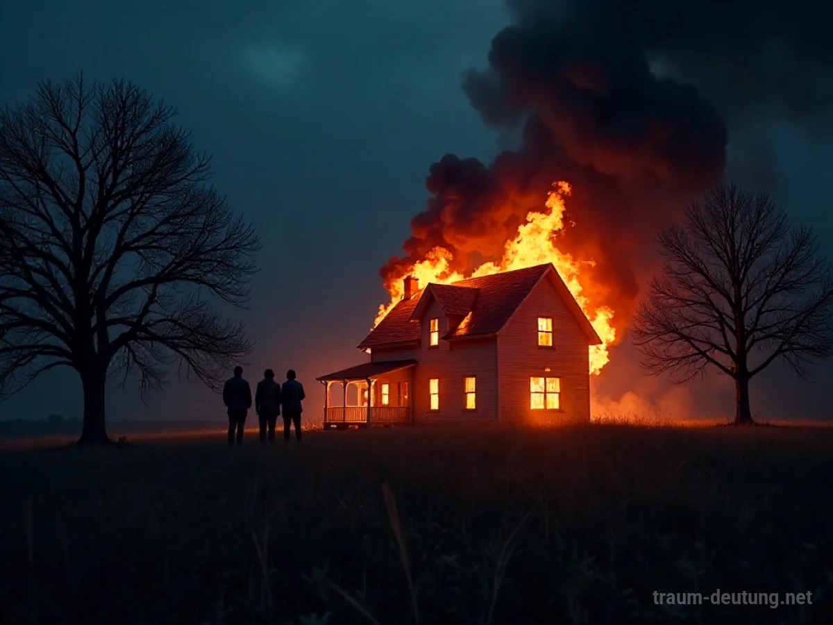 Ein brennendes fremdes Haus in der Nacht, beobachtet aus der Ferne.