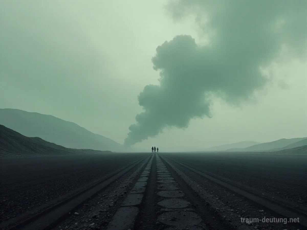 Silhouetten von Menschen in einer zerstörten Landschaft unter rauchigem Himmel