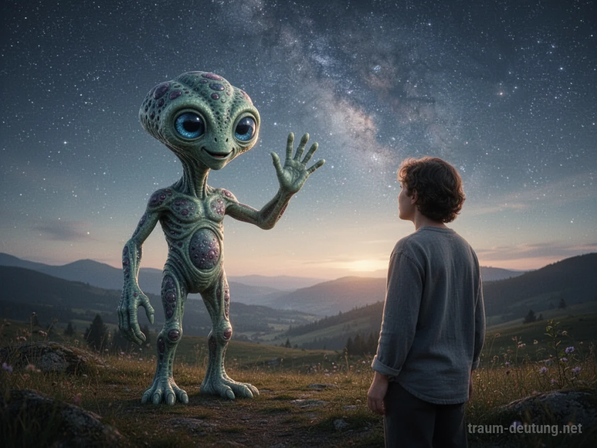 Ein freundliches Alien winkt einem Menschen auf einem Feld unter Sternenhimmel zu.