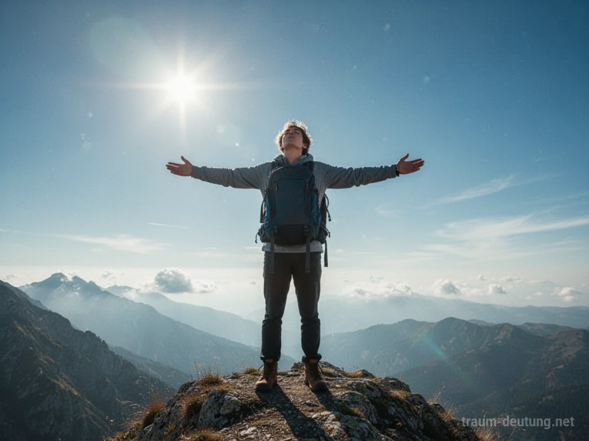 Person atmet tief frische Luft auf einem Berg ein