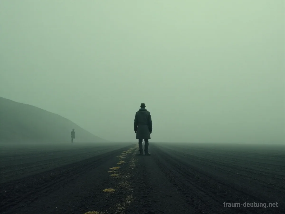 Eine einzelne Person steht allein in einer leeren Landschaft, während eine Schattenfigur sich abwendet.