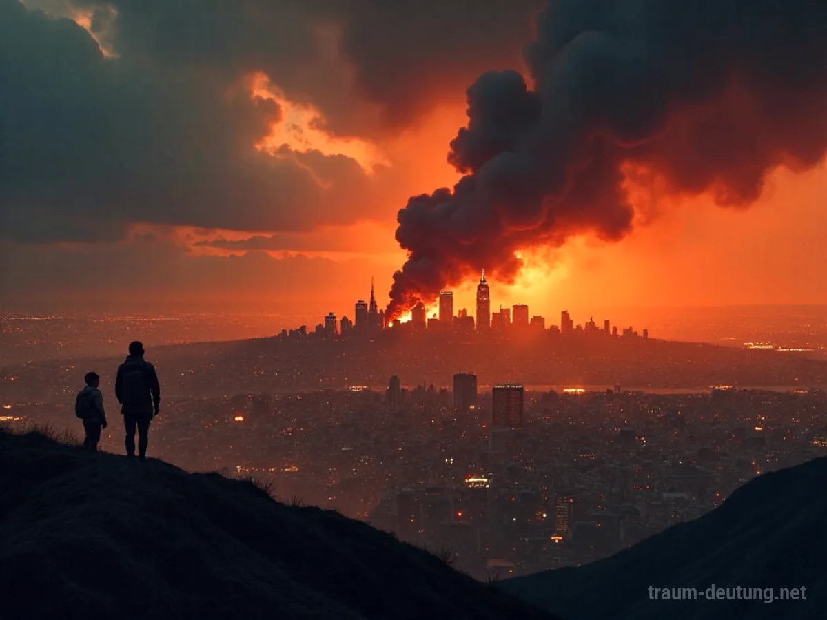 Eine ganze Stadt steht in Flammen, Rauch steigt in den Himmel.