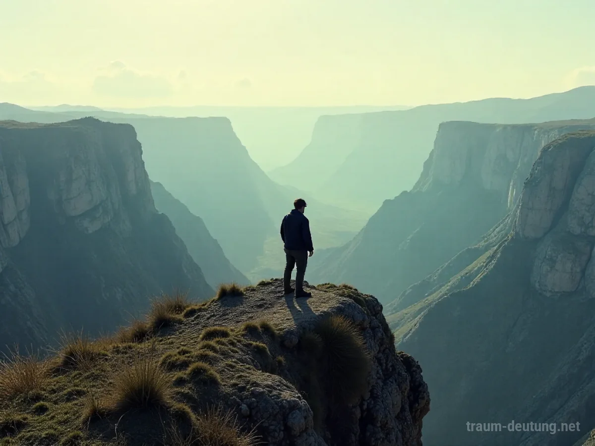 Person steht entschlossen am Rand einer unbekannten Landschaft.