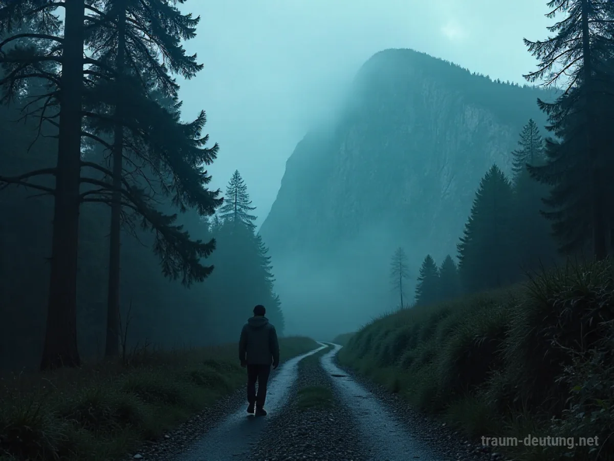 Weggabelung mit einem dunklen Pfad und einem steilen Bergpfad, Nebel