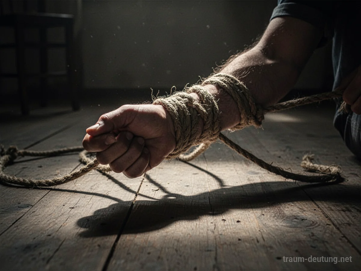 Ein gefesselter Arm, der mit Seilen umwickelt ist und einen langen Schatten wirft.