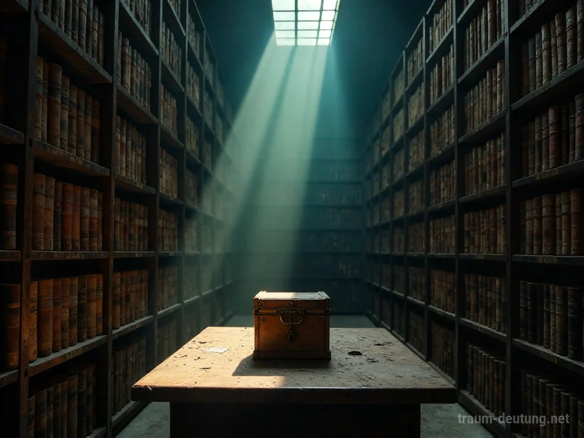 Ein alter Archivraum mit Bücherregalen, ein Lichtstrahl fällt auf eine Schatulle.