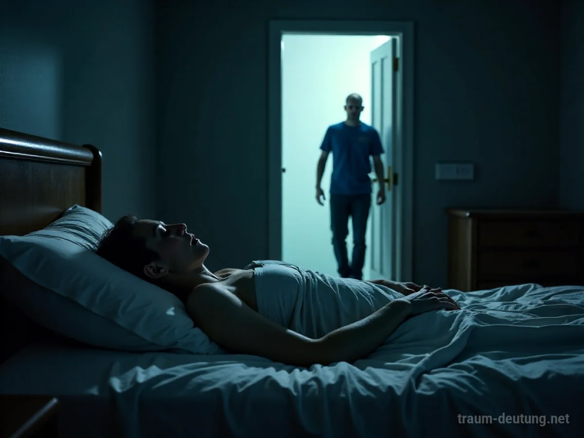 Eine Person liegt im Bett und kann sich nicht bewegen, während eine dunkle Silhouette im Türrahmen steht.