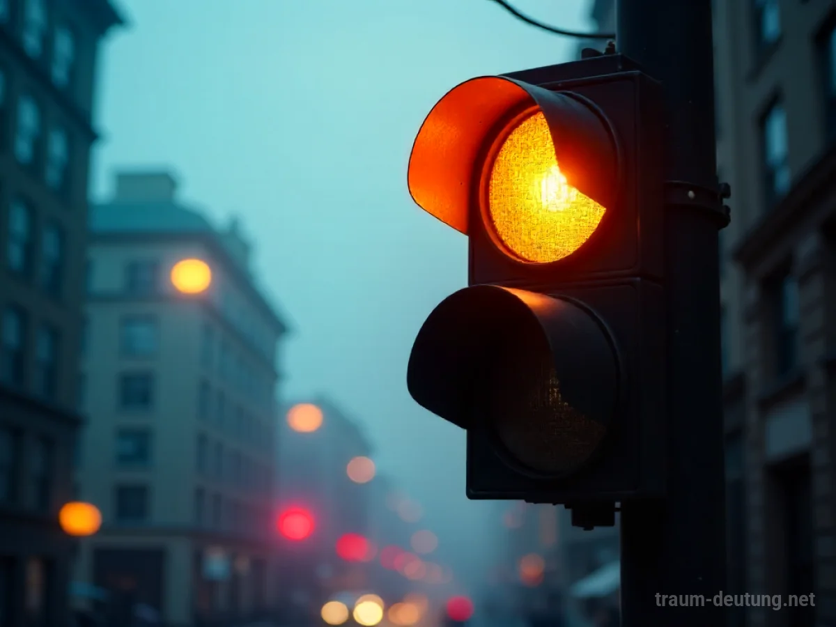 Blinkendes gelbes Licht einer Ampel in einer Stadtstraße.