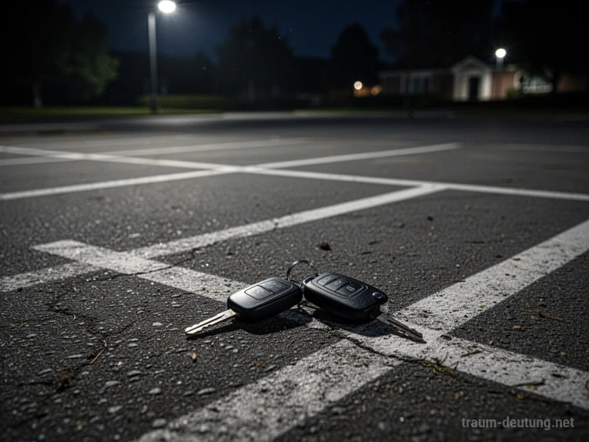 Leerer Parkplatz in der Nacht, Autoschlüssel liegen am Boden