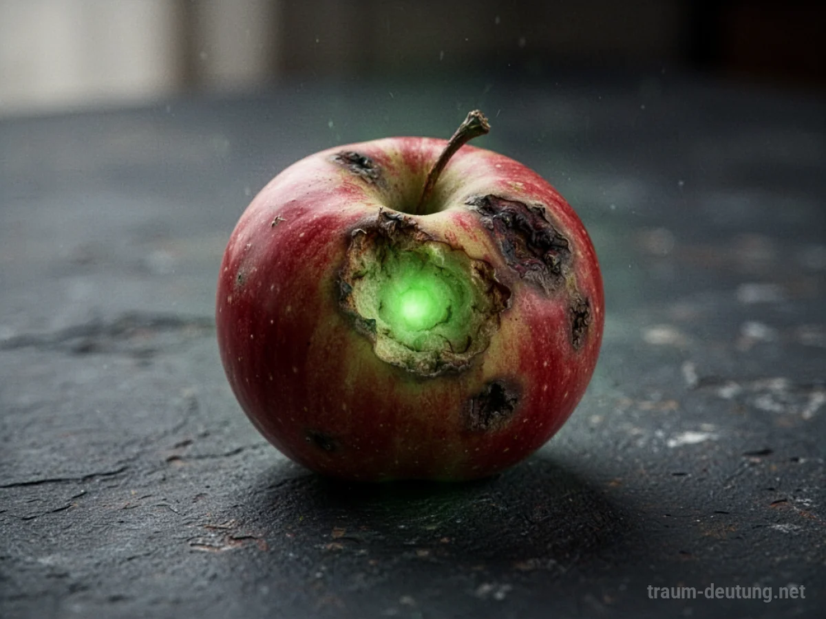 Ein einzelner Apfel mit unnatürlichem Schein auf dunklem Untergrund.