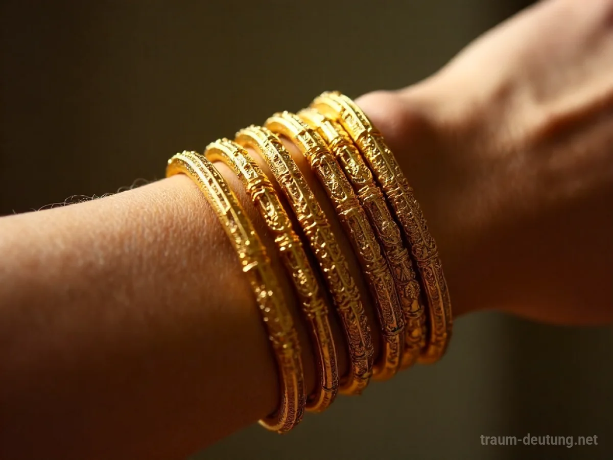 Mehrere goldene Armreifen auf einem Handgelenk