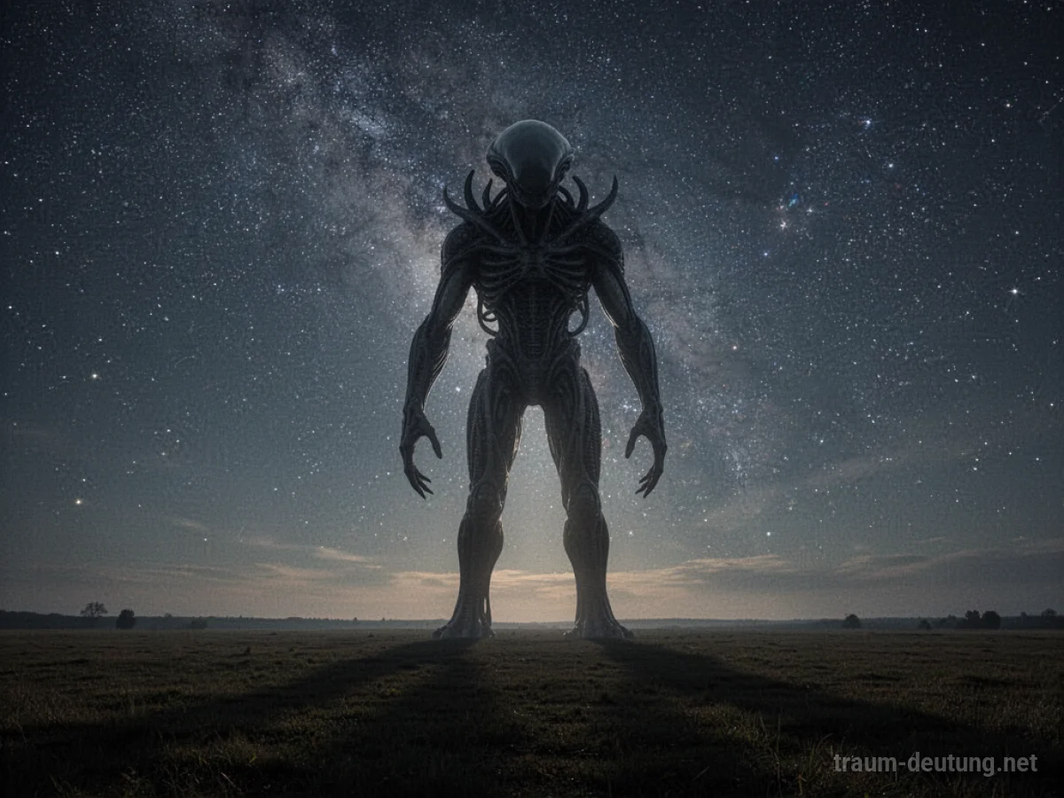 Ein riesiges Alien steht silhouetteartig auf einem Feld unter einem sternenklaren Nachthimmel.
