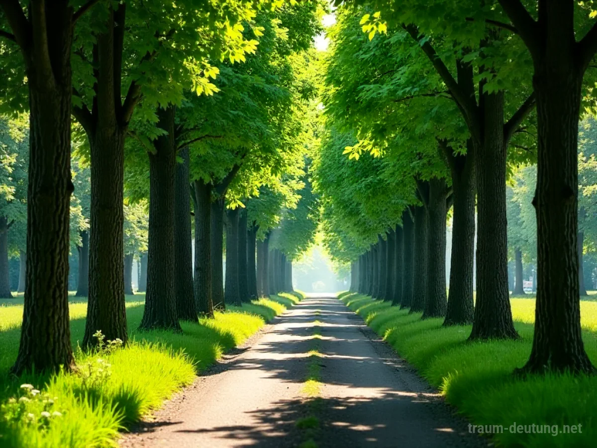 Grüne Allee mit Bäumen und einem Weg, der in die Ferne führt.