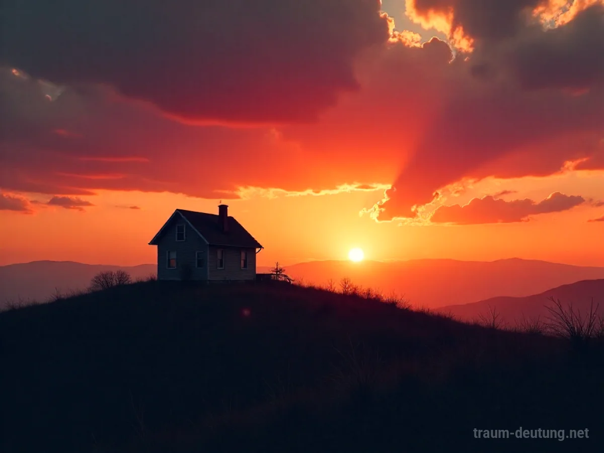 Haus auf einem Hügel im Abendrot mit angedeuteten Auktionsgeräuschen