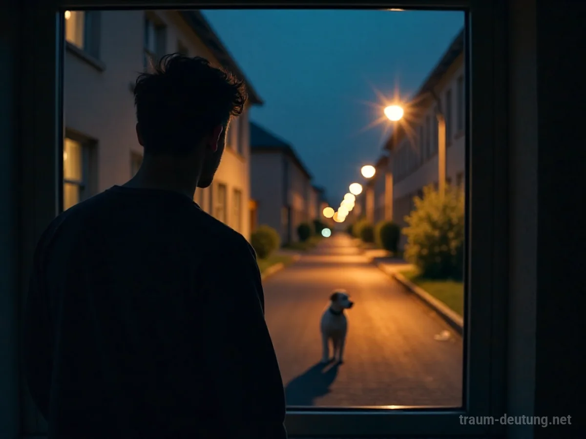 Silhouette einer Person schaut aus Fenster auf leere Straße, Haustier verschwindet.