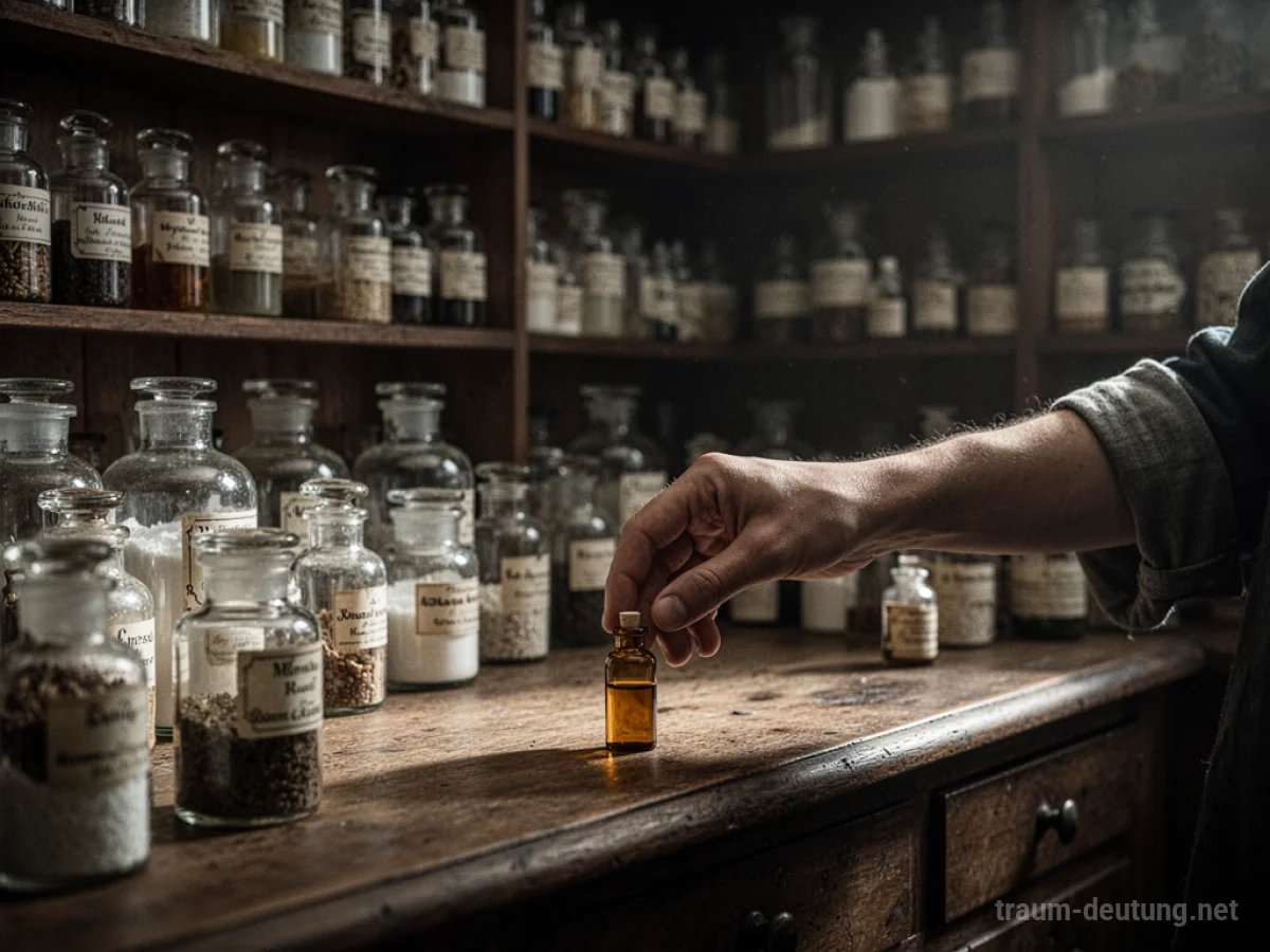Hand greift nach einem Heilmittel in einer alten Apotheke