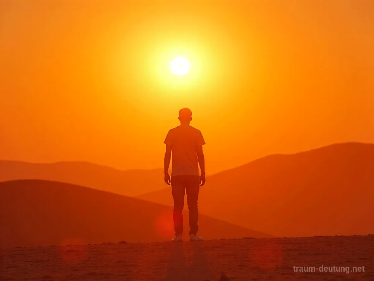 Eine erschöpfte Person steht in einer heißen, sonnigen Landschaft mit Hitzewellen.