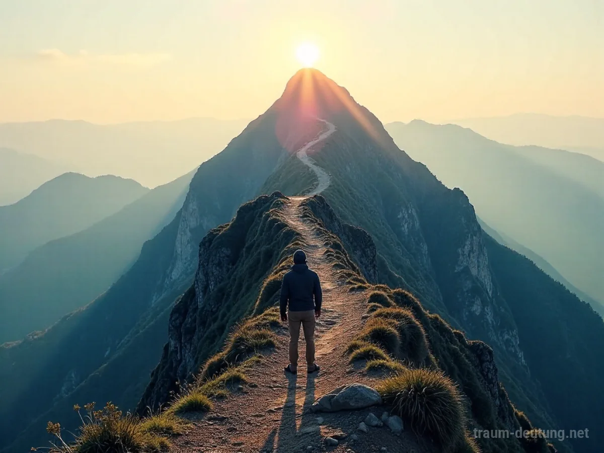 Eine Person steht am Fuße eines steilen Bergpfades und blickt nach oben.