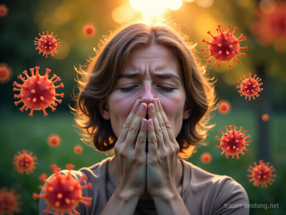 Person bekommt Heuschnupfen im Traum, umgeben von Pollen.