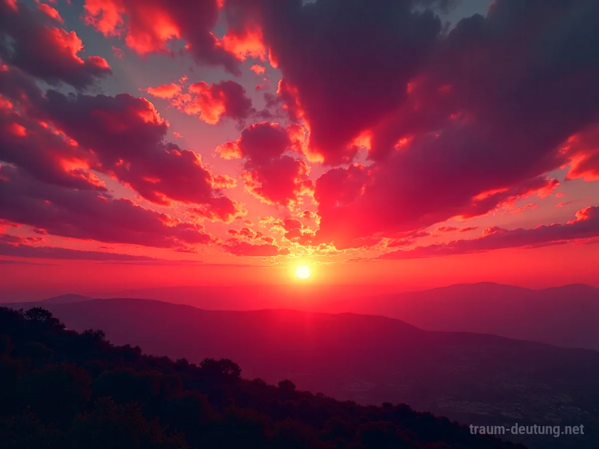 Himmel färbt sich Abendrot über einer ruhigen Landschaft.