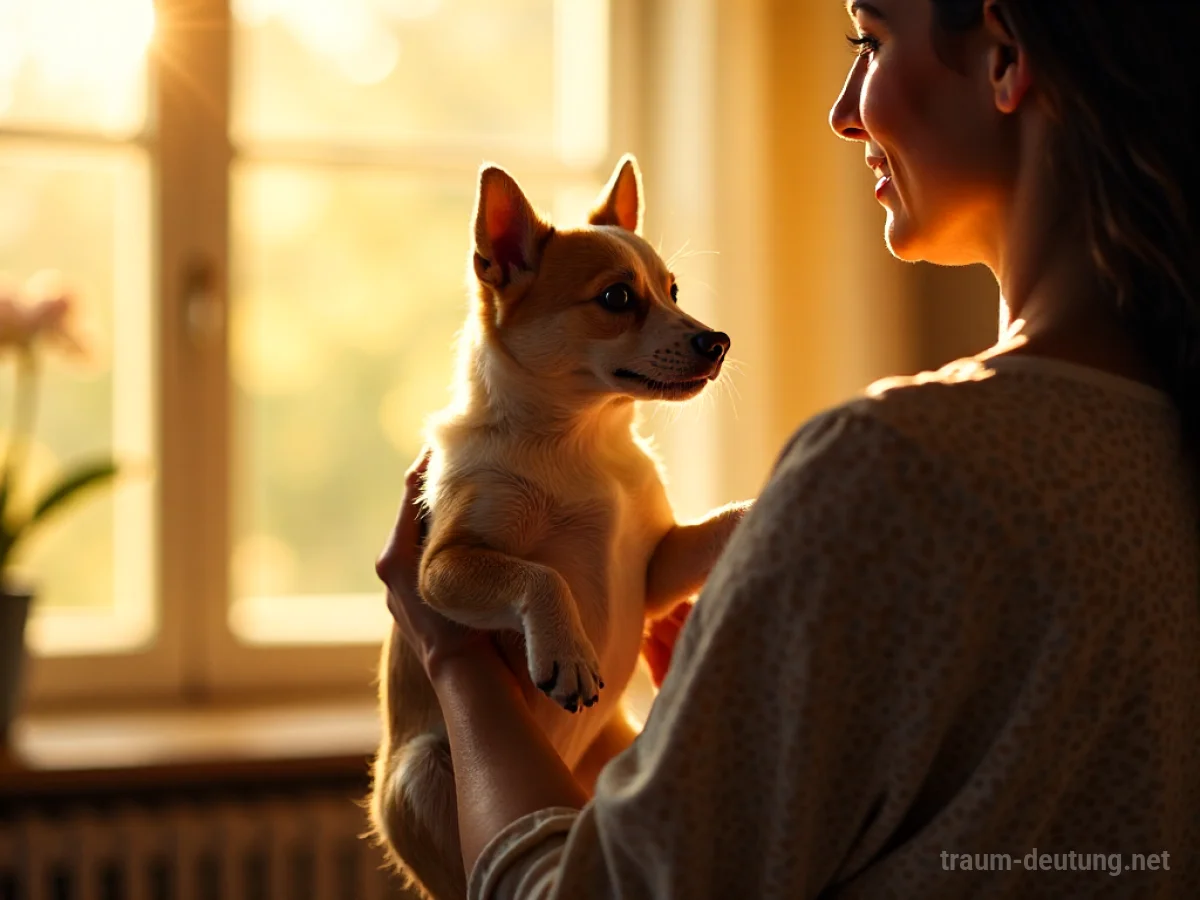 Eine Person hebt einen kleinen Hund sanft hoch.