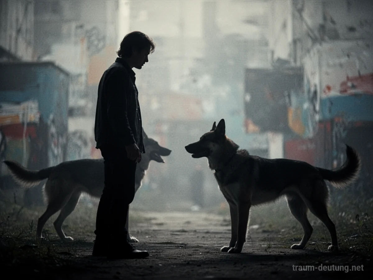 Silhouette einer Person, die von einem Hund bedroht wird