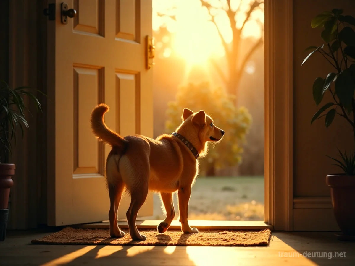 Ein freundlicher Hund kommt freudig an eine Tür.