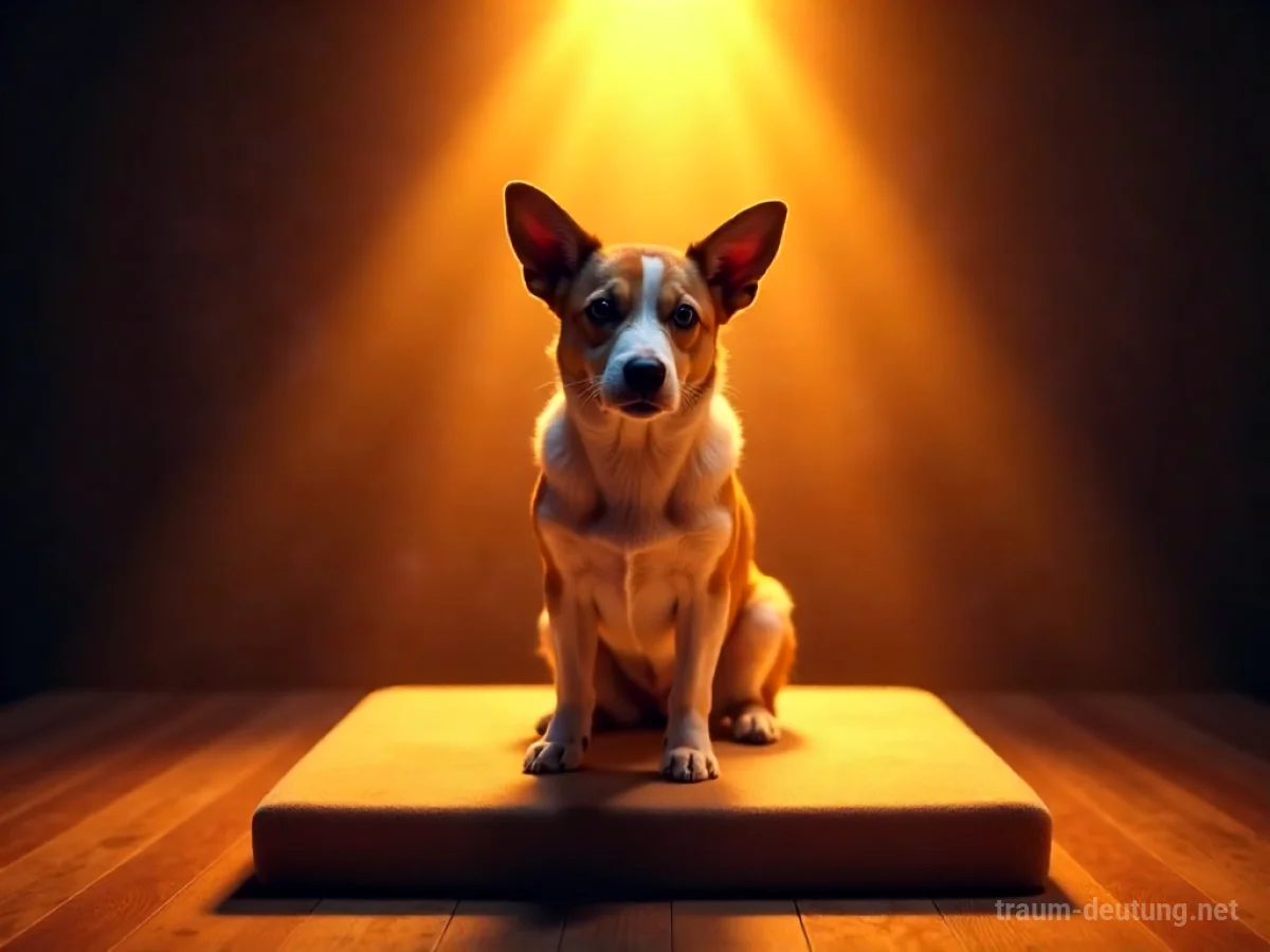 Ein Hund steht selbstbewusst auf einer kleinen Bühne im Scheinwerferlicht.